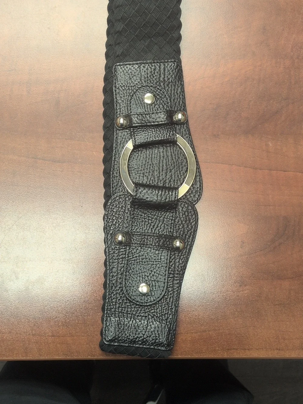 Chico's Black Braided Leather Stretch Belt with Ring Medium‎ 28-32